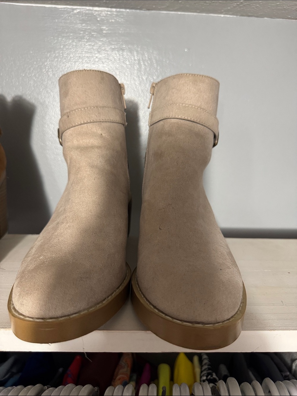 LOFT Light Beige Suede Ankle Booties with Buckle Strap - Picture 2 of 3